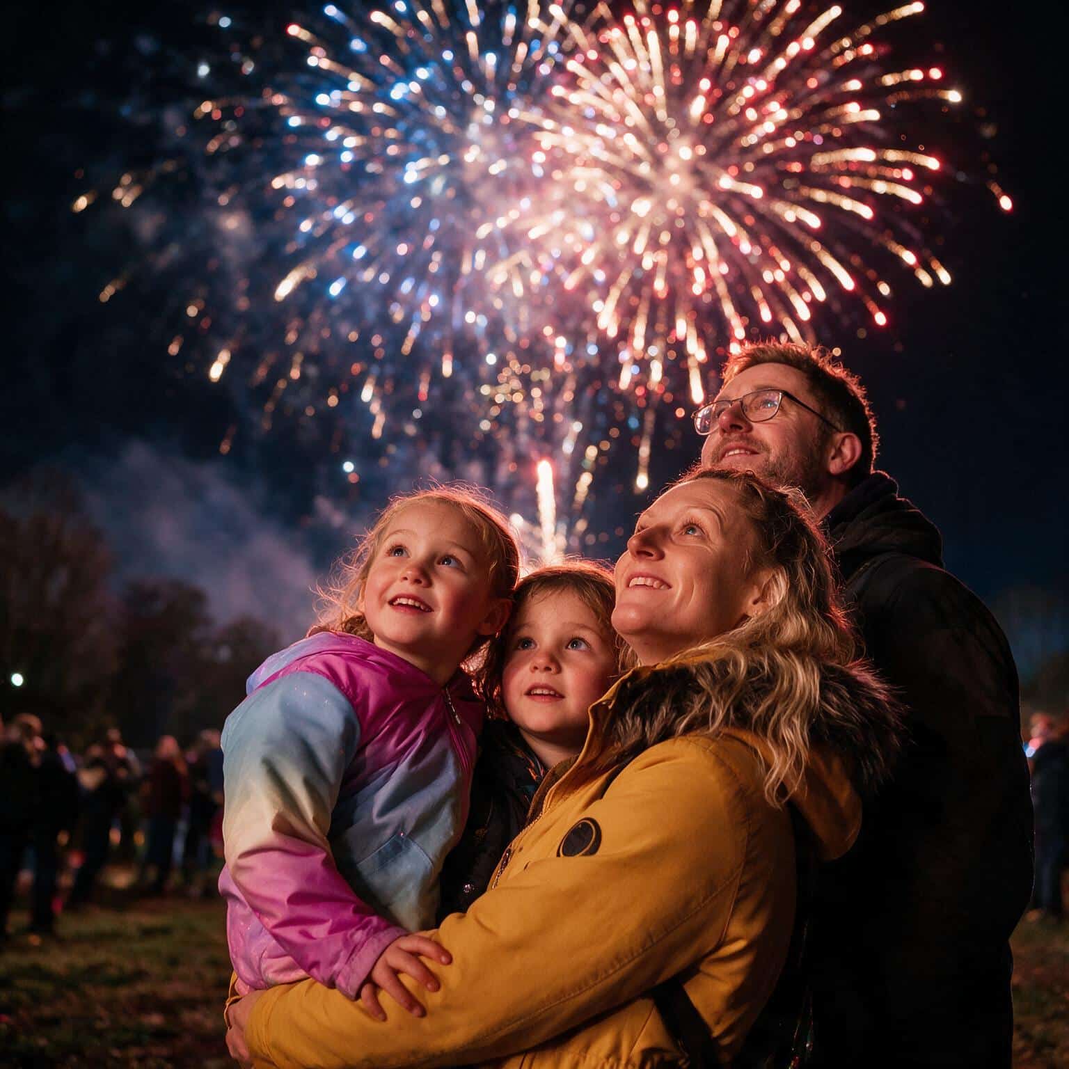 A family looking up at a firework display