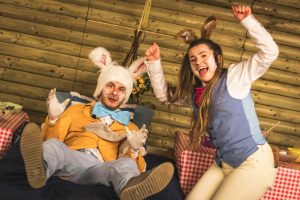Two actors dressed up for an Easter event