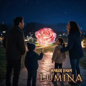 Family looking at rose Light Up Lantern