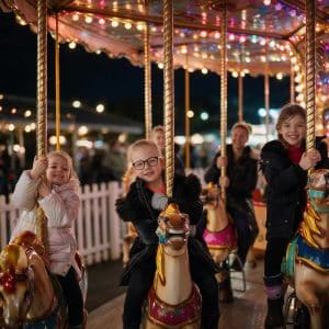 Children riding a carousel at night
